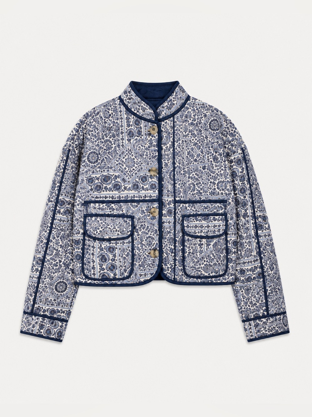 7 For All Mankind Blue White Floral Paisley Quilted Cropped Jacket XS